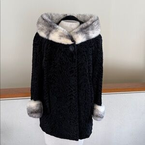 Vintage Persian Lamb Fur Coat Fox Fur Collar & Cuffs | 1950s 1960s Blk Astrakhan